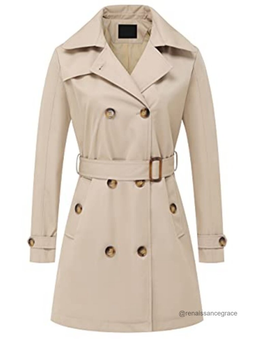 Women's Double Breasted Trench Coat Mid-Length Belted Overcoat Detachable Hood